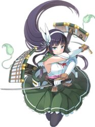  armpits artist_request black_hair blue_eyes blunt_bangs breasts dual_wielding female full_body gloves green_skirt hairband hand_on_own_hip holding holding_sword holding_weapon kasugayama_(oshiro_project) large_breasts long_hair oshiro_project:re pantyhose skirt smile solo sword transparent_background very_long_hair weapon white_gloves 