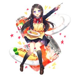  apron black_hair charlotte_(anime) commentary_request female food full_body highres jar long_hair meiko_(puua) omelet omurice otosaka_ayumi pizza_sauce purple_eyes school_uniform solo spoon transparent_background 