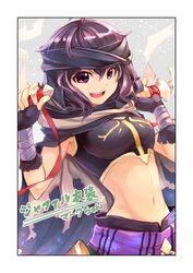  bandages black_hair cape commentary cosplay crop_top female fingerless_gloves fire_emblem fire_emblem:_the_blazing_blade fire_emblem_awakening fire_emblem_heroes gloves highres jaffar_(fire_emblem) jaffar_(fire_emblem)_(cosplay) midriff morgan_(female)_(fire_emblem) morgan_(fire_emblem) nakabayashi_zun navel open_mouth short_hair solo turban 