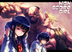  3boys american_flag american_flag_tattoo black_hair boyaking commentary_request copyright_name dog_tags duel english_text female guile high_score_girl hood hoodie letterboxed manly mohawk multiple_boys muscular oono_akira photoshop_(medium) purple_eyes school_uniform street_fighter street_fighter_ii_(series) tattoo yaguchi_haruo zangief 