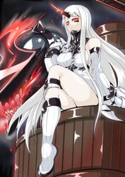  absurdres abyssal_ship boots breasts claws commentary_request crossed_legs detached_sleeves dress female frown glowing highres horns kantai_collection knee_boots large_breasts long_hair pale_skin photoshop_(medium) red_eyes ribbed_dress sangyou_haikibutsu_a seaport_princess shiny_skin short_dress sideboob single_horn sitting solo very_long_hair white_dress white_footwear white_hair 