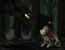  2016 28gooddays badday28 bag detailed_background equid equine female feral forest friendship_is_magic glowing glowing_eyes granny_smith_(mlp) group hasbro horse mammal my_little_pony plant pony scared timberwolf_(mlp) tree 