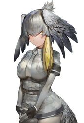  aos belt bird_tail bodystocking breast_pocket breasts closed_mouth collared_shirt commentary_request cowboy_shot feathered_wings feathers female fingerless_gloves gloves grey_hair grey_necktie grey_pantyhose grey_shorts hair_between_eyes hair_ribbon head_wings kemono_friends large_breasts light_smile looking_at_viewer necktie pantyhose pantyhose_under_shorts pocket ribbon shirt shoebill_(kemono_friends) short_sleeves shorts sidelocks simple_background solo standing tail tress_ribbon white_background wings yellow_eyes 