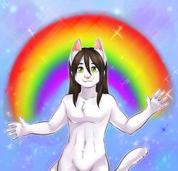  2018 dantae_meoi digital_media_(artwork) domestic_cat felid feline felis femboy fur hair hi_res looking_at_viewer male mammal rainbow smile solo villmix white_body white_fur 