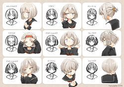  artist_name black_serafuku bob_cut chart commentary_request female grey_eyes grey_hair hair_ornament hairband hairclip hand_in_own_hair jitome messy_hair multiple_views original pixie_cut school_uniform serafuku short_hair short_ponytail sketch_inset tareme translation_request usui_harusame 