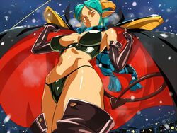  aqua_hair arms_up boots breasts cape carrera demon_girl demon_tail elbow_gloves female gloves green_hair halterneck horns leather looking_at_viewer navel night opocom pointy_ears red_eyes scarf short_hair shoulder_pads snow snowing solo tail thigh_boots thighhighs thong viper volvox wink 