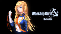  5plus absurdres black_background blonde_hair blue_eyes braid character_name commentary_request copyright_name cross english_text epaulettes female france french_text gloves highres long_hair military military_uniform photoshop_(medium) richelieu_(warship_girls_r) solo uniform warship_girls_r white_gloves 