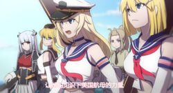  5girls bad_id bad_pixiv_id blonde_hair blue_eyes blue_hair choker crop_top elbow_gloves enterprise_(warship_girls_r) essex_(warship_girls_r) gloves hat highres hornet_(warship_girls_r) long_hair looking_at_another lulu_heika military military_uniform multiple_girls peaked_cap sailor_collar short_hair smile translated uniform warship_girls_r wasp_(warship_girls_r) yorktown_(warship_girls_r) 