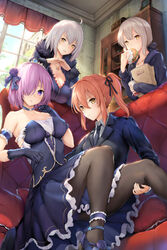  4girls absurdres ahoge artoria_pendragon_(fate) bag black_pantyhose blonde_hair breasts burger chaise_longue choker cleavage commentary_request dress eating fast_food fate/grand_order fate_(series) food formal fujimaru_ritsuka_(female) fujimaru_ritsuka_(female)_(royal_brand) fur_trim gloves hair_ornament hair_over_one_eye hair_scrunchie highres indoors jeanne_d&#039;arc_alter_(fate) jeanne_d&#039;arc_alter_(ver._shinjuku_1999)_(fate) jewelry long_hair mash_kyrielight medium_breasts multiple_girls necklace necktie official_alternate_costume orange_hair pantyhose paper_bag purple_eyes purple_hair saber_alter saber_alter_(ver._shinjuku_1999)_(fate) sayika scrunchie short_hair side_ponytail suit tiara yellow_eyes 