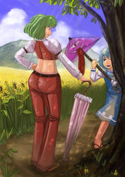  2girls :d amibazh ass blue_dress blue_eyes blue_hair closed_umbrella commentary_request crop_top dress field flower flower_field geta green_hair heterochromia hiding highres juliet_sleeves kazami_yuuka long_sleeves multiple_girls open_mouth outdoors pants pantylines parasol photoshop_(medium) puffy_sleeves red_eyes short_hair smile sunflower sunflower_field tatara_kogasa tight_clothes tight_pants touhou tree tsukumogami umbrella 