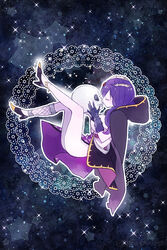  bikini bikini_top_only breasts cloak closed_eyes commentary_request female full_body gloves high_heels hood hooded_cloak karomura large_breasts metus_(sennen_sensou_aigis) pale_skin photoshop_(medium) purple_hair sennen_sensou_aigis skull solo star_(symbol) starry_background swimsuit 