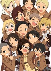  5girls 6+boys :d annie_leonhart armin_arlert bad_id bad_pixiv_id bertolt_hoover boots connie_springer cropped_jacket eren_yeager everyone glasses hange_zoe highres idolmaster jean_kirstein krista_lenz levi_(shingeki_no_kyojin) marco_bott multiple_boys multiple_girls open_mouth paradis_military_uniform parody pipe_(suzikiippo) reiner_braun sasha_blouse shingeki_no_kyojin smile strap style_parody v ymir_(shingeki_no_kyojin) 