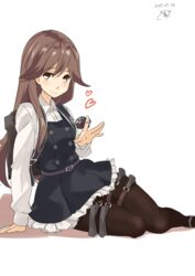  arashio_(kancolle) brown_eyes brown_hair commentary_request crime_prevention_buzzer dated dress female heart kantai_collection long_hair looking_at_viewer pantyhose pinafore_dress remodel_(kantai_collection) school_uniform searchlight shibaame signature sitting sleeveless sleeveless_dress smile 