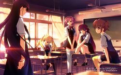  5girls black_footwear black_hair black_thighhighs blonde_hair blue_eyes breasts brown_hair ceiling_light chalkboard classroom closed_eyes curtains desk diffraction_spikes fumio_(ura_fmo) garter_straps grisaia_(series) grisaia_no_kajitsu hair_ribbon highres irisu_makina jpeg_artifacts komine_sachi lens_flare long_hair long_legs matsushima_michiru medium_breasts multiple_girls pink_hair purple_hair red_eyes reflection resized ribbon sakaki_yumiko school_desk school_uniform shoes short_twintails suou_amane thighhighs title twintails upscaled watanabe_akio watermark white_legwear yellow_legwear 