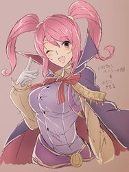  aiueo1234853 bad_id bad_twitter_id bow cape commentary cosplay female fire_emblem fire_emblem_awakening fire_emblem_echoes:_shadows_of_valentia fire_emblem_heroes gloves henry_(fire_emblem) henry_(fire_emblem)_(cosplay) henry_(halloween)_(fire_emblem) highres long_hair long_sleeves mae_(fire_emblem) mystical_high_collar one_eye_closed open_mouth pink_hair red_bow red_eyes solo twintails white_gloves 