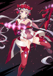  ahoge aiming aiming_at_viewer blush breasts breasts_apart commentary covered_navel crossbow dual_wielding elbow_gloves female gloves glowing grin gun headgear highres holding holding_gun holding_weapon large_breasts ldfe_mk2 leotard long_hair looking_at_viewer photoshop_(medium) purple_eyes red_thighhighs senki_zesshou_symphogear shiny_clothes shiny_skin smile solo symbol-only_commentary teeth thighhighs twintails very_long_hair weapon white_hair yukine_chris 