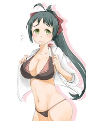  antenna_hair b-man blush bow breasts cleavage collarbone commentary_request female green_eyes green_hair hair_ribbon hairbow irako_(kancolle) kantai_collection large_breasts long_hair looking_at_viewer navel open_clothes open_shirt ponytail ribbon shirt simple_background solo wavy_mouth white_background 