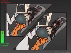  2025 ambiguous_gender anthro belly big_belly black_hair bone bound clothed clothing dansharkman digital_drawing_(artwork) digital_media_(artwork) doctor duo english_description english_text female fur grey_body grey_fur hair hands_above_head hands_tied hi_res huge_belly human hyper hyper_belly hyper_pregnancy jumpsuit legs_tied long_hair looking_at_another looking_at_viewer mal0 mammal navel outie_navel pregnant pregnant_anthro pregnant_female raised_clothing raised_shirt raised_tank_top raised_topwear rapid_pregnancy scp-1471-a scp_foundation shirt skull skull_head story story_in_description tank_top text topwear ultrasound 