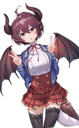  absurdres ahoge black_thighhighs blue_jacket double_v dragon_girl dragon_horns dragon_tail dragon_wings female grea_(shingeki_no_bahamut) high-waist_skirt highres horns jacket looking_at_viewer mushi_(1756559585) plaid plaid_skirt pointy_ears purple_hair red_eyes red_skirt shingeki_no_bahamut shirt short_hair simple_background skirt solo tail thighhighs v white_background white_shirt wings zettai_ryouiki 