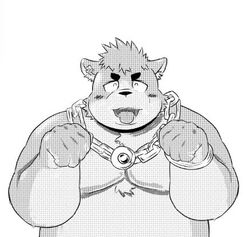  2021 anthro belly blush canid canine canis closed_eyes domestic_dog humanoid_hands kemono low_res male mammal monochrome moobs overweight overweight_male sakisukem simple_background solo tongue tongue_out white_background 