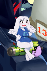  2021 2:3 absurd_res anthro blue_clothing blue_shirt blue_topwear blush bottomless cave_story clothed clothing detailed_background female fur hair hi_res lagomorph mammal mentalcrash mimiga night outside shirt sitting smile solo topwear white_body white_fur white_hair 