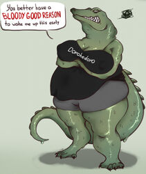  2021 4_toes alligator alligatorid angry anthro arm_under_breasts barefoot bayley_(tophale) belly big_belly big_breasts bottomwear breasts claws cleavage clenched_teeth clothed clothing crocodilian curvy_figure dialogue digital_media_(artwork) dripping english_text eyelashes fake_anna feet female goo_creature green_body green_eyes green_scales half-closed_eyes hi_res huge_breasts huge_thighs looking_at_viewer narrowed_eyes nipple_outline non-mammal_breasts overweight overweight_anthro overweight_female pupils reptile scales scalie shaded sharp_teeth shirt shorts sleeveless_shirt slit_pupils solo speech_bubble standing tail_spines talking_to_viewer teeth text text_on_clothing text_on_shirt text_on_topwear thick_thighs toe_claws toes topwear voluptuous wide_hips 