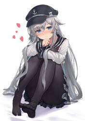  absurdres anchor_symbol black_pantyhose blue_eyes blush female flat_cap grey_hair hair_between_eyes hat heart hibiki_(kancolle) highres kantai_collection long_hair long_sleeves looking_at_viewer neckerchief o-sirius pantyhose pleated_skirt sailor_collar school_uniform serafuku shadow sitting skirt smile solo white_background white_hair 