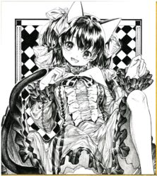  :d alternate_costume alternate_hair_length alternate_hairstyle animal_ears bow bowtie cat_ears cat_tail collar commentary dress female frilled_collar frilled_dress frilled_sleeves frills greyscale hairbow hands_up head_tilt highres kaenbyou_rin long_sleeves looking_at_viewer millipen_(medium) monochrome multiple_tails nekomata oerba_yun_fang off-shoulder_dress off_shoulder oshake paw_pose photo_(medium) shikishi skin_fang smile solo striped_bow striped_bowtie striped_clothes tail thighhighs touhou traditional_media two_tails 