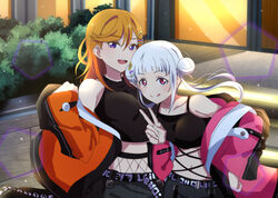  2girls :q arashi_chisato black_shirt collarbone crop_top double_bun hair_bun highres jacket jacket_partially_removed korean_commentary long_hair looking_at_viewer love_live! love_live!_superstar!! midriff multiple_girls navel open_mouth orange_hair orange_jacket outdoors pink_jacket purple_eyes red_eyes shibuya_kanon shirt smile tongue tongue_out v white_hair yumel_lot 