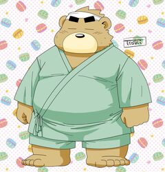  2021 anthro bear belly black_nose brown_body brown_fur closed_eyes fur jinbei_(clothing) kemono male mammal overweight overweight_male solo toshi_(artist) 