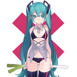  bare_arms bikini blue_eyes blue_hair blush breasts closed_mouth clothing_request commentary cowboy_shot cross-laced_clothes detached_collar female food frown hair_between_eyes hair_ornament halterneck hatsune_miku highres holding holding_food holding_spring_onion holding_vegetable long_hair looking_at_viewer nail_polish naruto_maki navel open_clothes open_shirt small_breasts solo spring_onion swimsuit thighhighs twintails underboob vegetable very_long_hair vocaloid x 