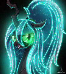  absurd_res alternate_hairstyle arthropod black_background bust_portrait changeling eyeshadow eyewear fangs female friendship_is_magic glasses glowing green_eyes green_eyeshadow green_hair hair hasbro hi_res horn long_hair looking_at_viewer makeup my_little_pony neon ponytail portrait queen_chrysalis_(mlp) sharp_teeth simple_background solo sparkles teeth white_background zidanemina 