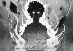  1boy absurdres arms_at_sides artist_name artstation_username aura belt commentary english_commentary glowing glowing_eyes grey_background greyscale highres instagram_username kageyama_shigeo kageyama_shigeo_(???) looking_at_viewer male_focus manip mob_psycho_100 monochrome rubble shirt solo spiked_hair standing t-shirt torn_clothes upper_body watermark 