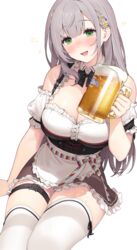  :d absurdres alcohol apron arm_support beer beer_mug bench blunt_bangs blush breasts cleavage cup detached_sleeves dirndl evening female flower food german_clothes green_eyes grey_hair hair_flower hair_ornament highres holding holding_cup hololive large_breasts long_hair looking_at_viewer mug official_alternate_costume official_alternate_hair_length official_alternate_hairstyle open_mouth shirogane_noel shirogane_noel_(dirndl) smile solo thick_thighs thighhighs thighs very_long_hair virtual_youtuber white_thighhighs wrist_cuffs yeije 