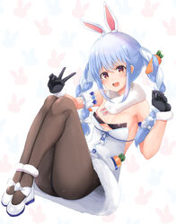  :3 animal_ear_fluff animal_ears ass bare_shoulders black_gloves black_leotard blue_hair braid brown_pantyhose carrot_hair_ornament coat commentary creature detached_sleeves don-chan_(usada_pekora) female food-themed_hair_ornament fur_collar fur_trim gloves hair_ornament hands_up highres hololive knees_up leotard long_hair looking_at_viewer neneru open_mouth orange_eyes pantyhose rabbit_ears rabbit_girl shoes solo strapless strapless_leotard twin_braids twintails usada_pekora usada_pekora_(1st_costume) v virtual_youtuber white_coat white_footwear |_| 