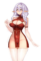  barbariank bare_shoulders blue_eyes blush braid breasts cleavage_cutout closed_mouth clothing_cutout commentary covered_nipples cowboy_shot dot_mouth dress ear_covers elbow_gloves elf female gloves grey_hair groin hair_between_eyes hair_over_shoulder half-closed_eyes highres large_breasts long_hair long_pointy_ears looking_at_viewer no_panties original pelvic_curtain pointy_ears red_dress short_dress simple_background single_braid sleeveless sleeveless_dress solo symbol-only_commentary tareme thighhighs white_background white_gloves white_thighhighs 