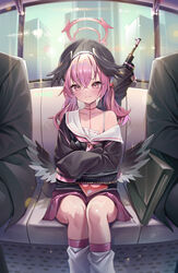  2others absurdres bad_id bad_pixiv_id bag bag_on_lap black_bag black_serafuku black_shirt black_wings blue_archive blush closed_mouth collarbone commentary_request crossed_bangs feathered_wings feet_out_of_frame female hair_between_eyes hair_ribbon halo head_wings highres kneehighs koharu_(blue_archive) long_hair long_sleeves loose_socks low_wings multiple_others muo_(muojjang_0929) neckerchief off_shoulder pink_eyes pink_hair pink_halo pink_neckerchief pink_skirt pleated_skirt pornography red_ribbon ribbon sailor_collar school_uniform serafuku shirt shoulder_bag single_bare_shoulder sitting skirt sleeves_past_fingers sleeves_past_wrists socks solo_focus sweat train_interior twintails weapon weapon_on_back white_sailor_collar white_socks wings 