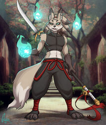  abs accessory anthro asian_clothing asian_mythology bell brown_body brown_fur canid canine clothing crop_top dark_sclera east_asian_mythology fire fireball fox fur genji green_eyes green_flames hair_accessory hairband hi_res hitodama japanese_mythology leg_wrap male mammal melee_weapon mythology naginata navel outside plant polearm pose ribbons shirt sleeveless_shirt solo stairs thegantian topwear tree weapon yokai 