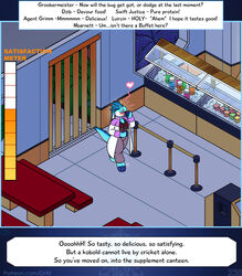  2023 anthro blueberry_kobold breasts canteen claws clothed clothing coat digital_media_(artwork) drxii english_text female finger_fetish finger_lick finger_play fingers food fully_clothed hair heart_symbol hi_res hud ice kobold kobold_quest lab_coat licking non-mammal_breasts patreon reptile satisfaction scalie smile solo tail teeth text text_box tongue tongue_out topwear url 