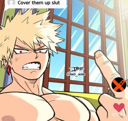  1boy anger_vein angry bakugou_katsuki bara blonde_hair boku_no_hero_academia clenched_teeth cover_them_up_slut_(meme) debby-san dialogue_box english_commentary heart indoors large_pectorals looking_at_viewer male_focus meme middle_finger muscular muscular_male nipples pectoral_focus pectorals red_eyes signature solo spiked_hair teeth tiktok topless_male twitter_username user_interface 