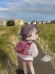  artist_name backpack bad_id bad_twitter_id bag bag_charm brown_hair building candy charm_(object) closed_mouth cloud cloudy_sky day feet_out_of_frame female film_grain flyer food from_behind grass hair_bobbles hair_ornament highres house ishida_umi lolicon lollipop long_sleeves looking_at_viewer looking_back original outdoors randoseru red_eyes red_shorts road shirt short_hair shorts sky solo standing translation_request two_side_up watermark white_shirt 