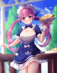  :o absurdres anchor_symbol blue_dress blue_hair blue_ribbon blue_sky blurry blurry_background bow braid breasts cleavage cloud colored_inner_hair commentary_request day depth_of_field dress female food frilled_dress frills hair_ribbon hand_up highres holding holding_tray hololive long_hair looking_at_viewer maid_headdress medium_breasts minato_aqua minato_aqua_(1st_costume) multicolored_hair neko_punch_(user_hddm3373) omelet omurice outdoors parted_lips pink_hair puffy_short_sleeves puffy_sleeves purple_eyes rainbow ribbon short_sleeves sky solo streaked_hair tray twintails two-tone_hair very_long_hair virtual_youtuber white_bow wrist_cuffs 