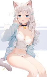  :o amanagi_el animal_ears bare_shoulders bell black_choker blue_eyes blue_jacket breasts camisole cat_ears cat_girl cat_tail choker cleavage crop_top female grey_hair hand_up highres indie_virtual_youtuber jacket jingle_bell kinako_(shiratama_mochi) long_hair long_sleeves looking_at_viewer medium_breasts no_pants oerba_yun_fang off_shoulder open_clothes open_jacket open_mouth panties shirt sitting sleeveless sleeveless_shirt solo stomach tail thighs underwear virtual_youtuber white_panties white_shirt 