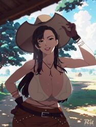  absurdres black_hair blue_sky breasts brown_gloves brown_skirt building cleavage cloud cowboy_hat cowgirl_(western) day female final_fantasy final_fantasy_vii gloves hat highres huge_breasts long_hair outdoors r3dfive red_eyes skirt sky solo standing tifa_lockhart tifa_lockhart_(cowgirl) tree 