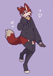  2023 anthro blep blush canid canine clothing collar cute_fangs fleurfurr hi_res hoodie jfet male mammal simple_background solo standing toeless_legwear toeless_stockings tongue tongue_out topwear 