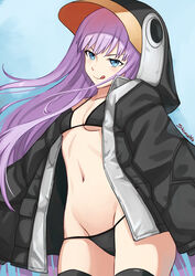  :q animal_hood bare_shoulders bikini black_bikini black_jacket blue_bow blue_eyes blush bow breasts choker collarbone fate/grand_order fate_(series) female highres hood hood_up jacket licking_lips long_hair long_sleeves looking_at_viewer meltryllis_(fate) meltryllis_(swimsuit_lancer)_(fate) meltryllis_(swimsuit_lancer)_(first_ascension)_(fate) penguin_hood purple_hair shinsaku_(stan-art) sleeves_past_fingers sleeves_past_wrists small_breasts smile solo swimsuit thighs tongue tongue_out very_long_hair 