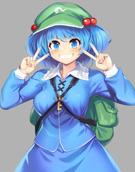  backpack bag blue_eyes blue_hair blue_skirt blush breasts cabbie_hat commentary_request double_v female frilled_shirt_collar frills green_hat grey_background grin hair_bobbles hair_ornament hands_up hat highres kawashiro_nitori key looking_at_viewer medium_breasts partial_commentary photoshop_(medium) shirt short_hair simple_background skirt skirt_set smile solo tarmo touhou upper_body v white_shirt 