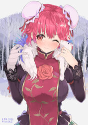  artist_name bandaged_arm bandages black_shirt breasts bun_cover closed_mouth commentary_request dated day double_bun female flower hair_bun head_tilt highres ibaraki_kasen large_breasts light_smile long_sleeves looking_at_viewer one_eye_closed outdoors puuakachan raijuu red_eyes red_flower red_hair red_rose rose shirt short_hair tabard touhou upper_body winter 