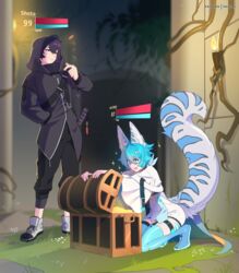  animal_humanoid archon_eclipse black_clothing blue_hair clothed clothing duo felid felid_humanoid gameplay_mechanics grass hair hi_res human humanoid male mammal mammal_humanoid matemi open_mouth open_smile plant shoto_(vtuber) smile tail torch treasure_chest vtuber white_clothing 