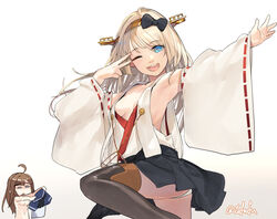  2girls ahoge armpits bad_anatomy bare_shoulders black_skirt blonde_hair breasts breasts_apart brown_hair cosplay costume_switch detached_sleeves dress fuwafuwatoufu grey_eyes hairband headgear highres holding holding_clothes holding_dress japanese_clothes jervis_(kancolle) jervis_(kancolle)_(cosplay) kantai_collection kongou_(kancolle) kongou_kai_ni_(kancolle) kongou_kai_ni_(kancolle)_(cosplay) long_hair multiple_girls no_bra nontraditional_miko one-hour_drawing_challenge one_eye_closed open_mouth pleated_skirt purple_eyes ribbon-trimmed_sleeves ribbon_trim skirt small_breasts smile thighhighs touyama_nao twisted_torso twitter_username voice_actor_connection white_sleeves wide_sleeves 